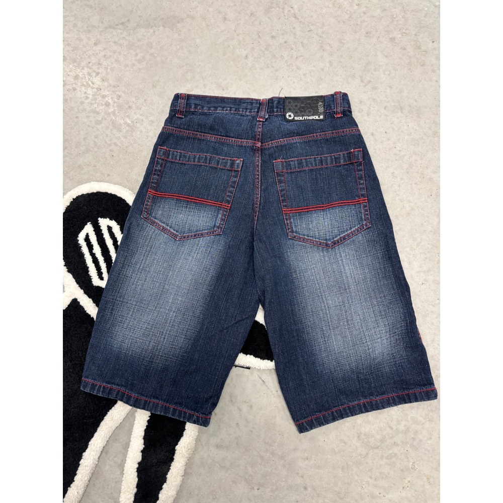 Southpole Mens Baggy Denim Shorts Blue Red Contrast Stitch Y2K Hip Hop Size 32